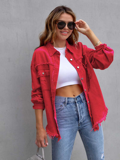 Distressed Drop Shoulder Denim Jacket - Tigbul's Variety Fashion Shop