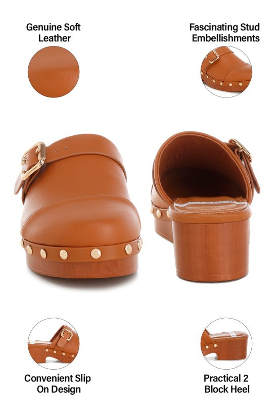 Pinto studded genuine leather clogs, tan open back with stud accents and cushioned footbed