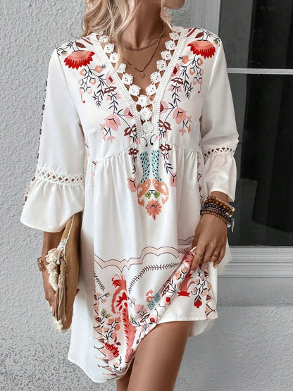 Lace Detail Printed Three-Quarter Sleeve Dress - Tigbul's Variety Fashion Shop