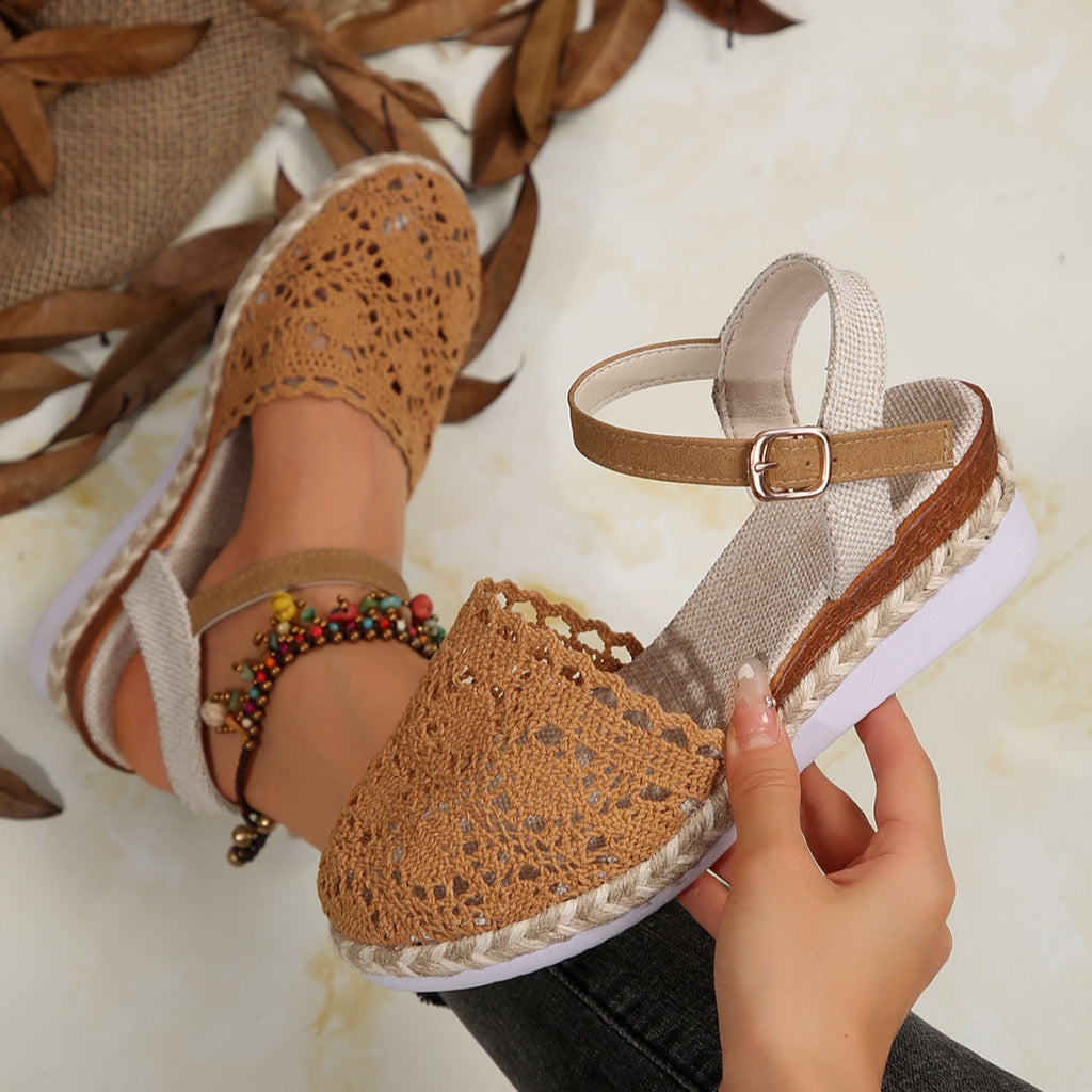 Brown crochet espadrille sandal with buckle ankle strap and jute sole