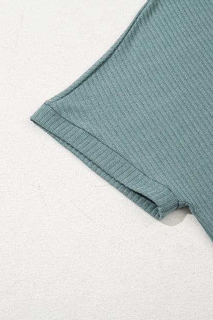 Blue Oversized Ribbed Knit V Neck Dolman Short Sleeve Top - Tigbul's Variety Fashion Shop