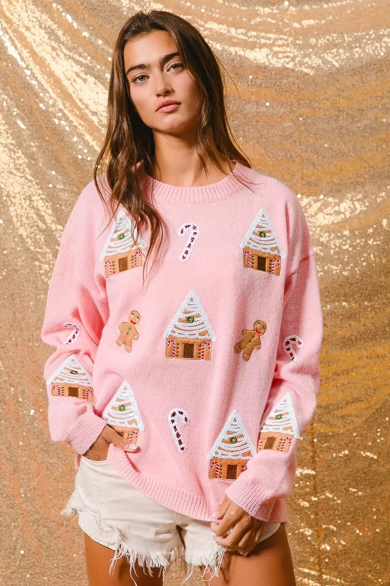 Light Pink Christmas Theme Patches Sweater | Tigbuls