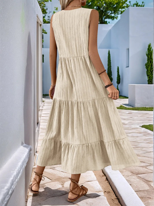 Notched Sleeveless Midi Tiered Dress - Tigbul's Variety Fashion Shop