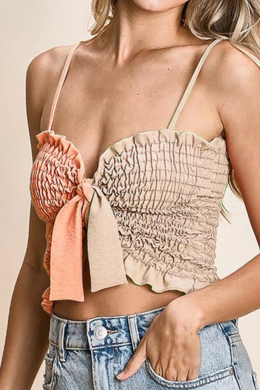 Woven Color Block Smocked with Ribbon Bra Top - Tigbul's Variety Fashion Shop