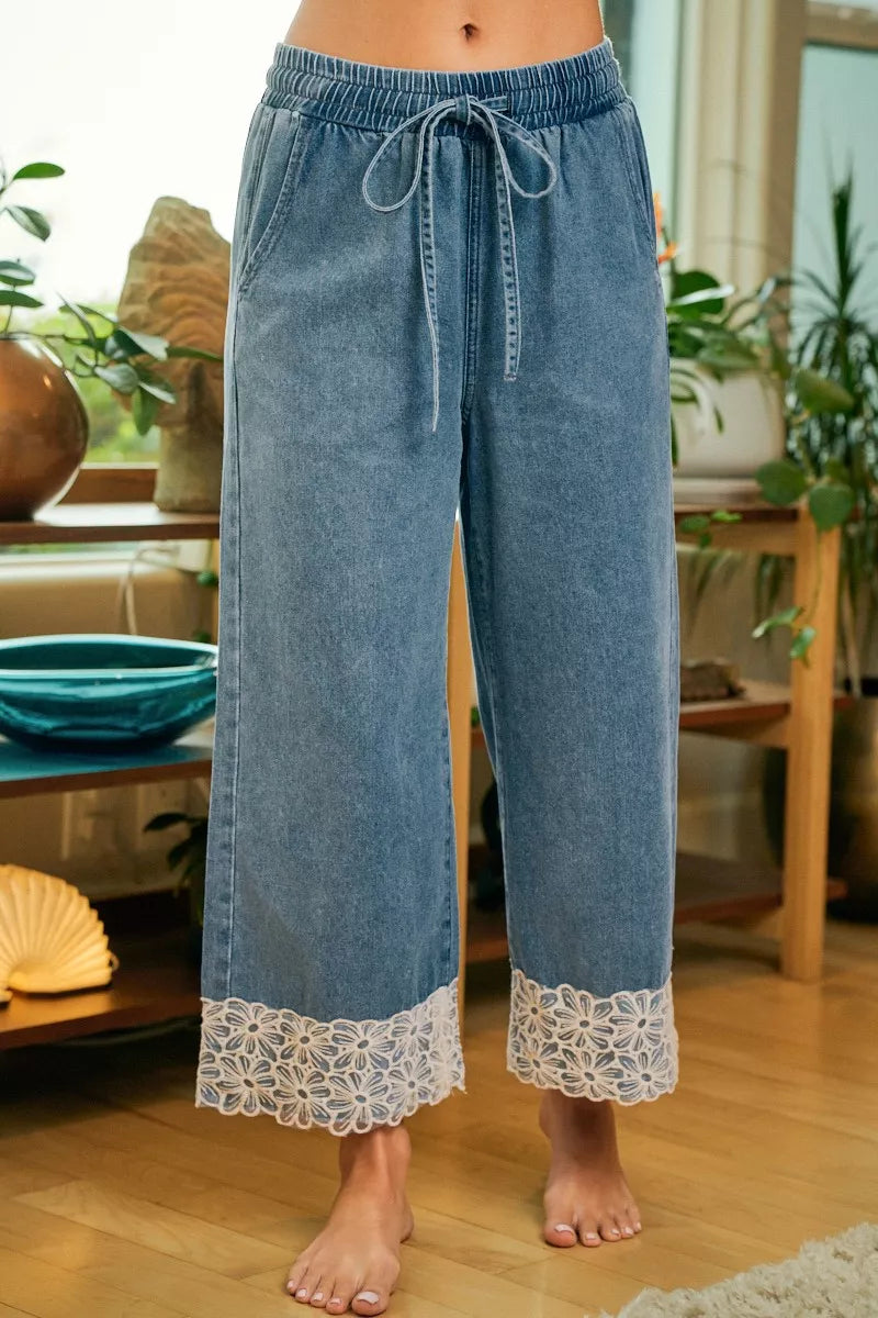 Washed Denim Elastic Waist Flower Lace Trim Pants | Tigbuls