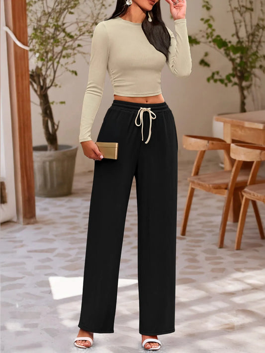 Round Neck Long Sleeve Top and Pants Set - Tigbul's Variety Fashion Shop