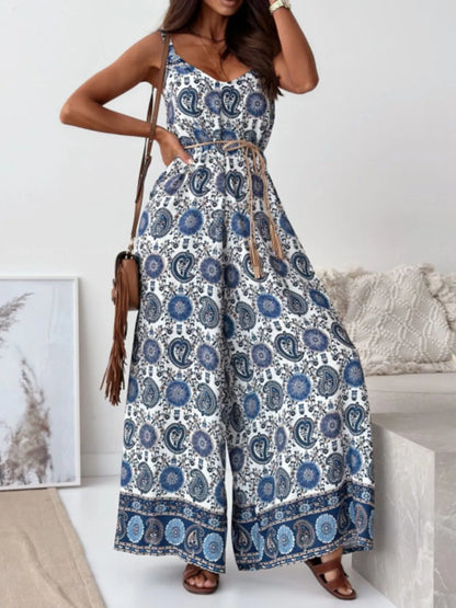Paisley Print Spaghetti Strap Wide Leg Jumpsuit - Tigbul's Variety Fashion Shop