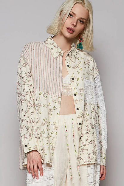 POL Lace Patchwork Floral Button-Up Shirt - Tigbul's Variety Fashion Shop