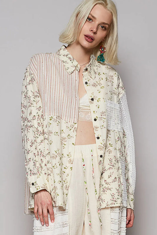 POL Lace Patchwork Floral Button-Up Shirt - Tigbul's Variety Fashion Shop