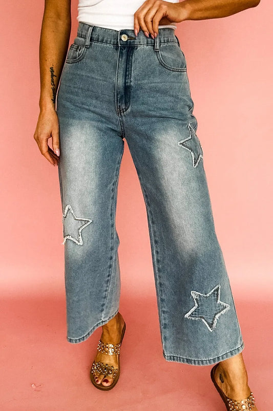 Star Embroidered High Waist Wide Leg Jeans - Tigbul's Variety Fashion Shop