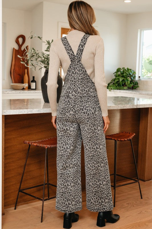 Brown leopard straight-leg denim overall with crisscross open back straps