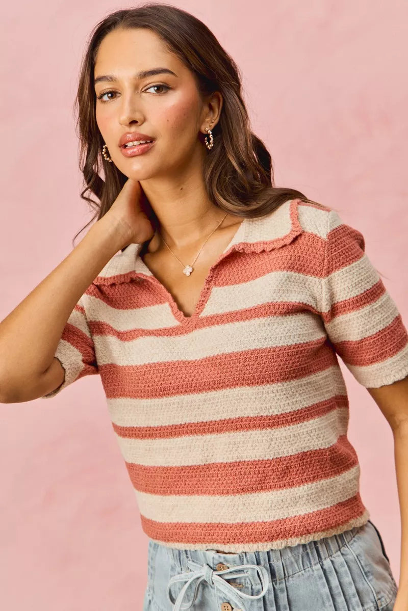 Pink Stripe Short Sleeve Cropped Sweater - Tigbul's Variety Fashion Shop