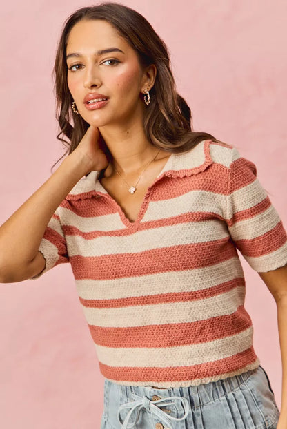 Pink Stripe Short Sleeve Cropped Sweater - Tigbul's Variety Fashion Shop