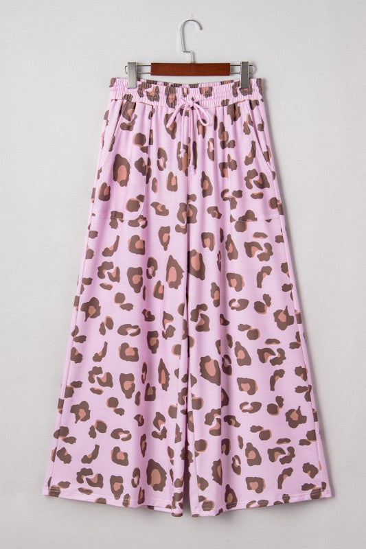 Pink leopard high-waist drawstring pants with pockets