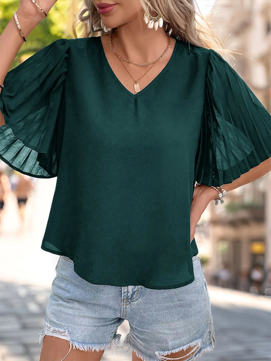 V-Neck Half Sleeve Blouse - Tigbul's Variety Fashion Shop