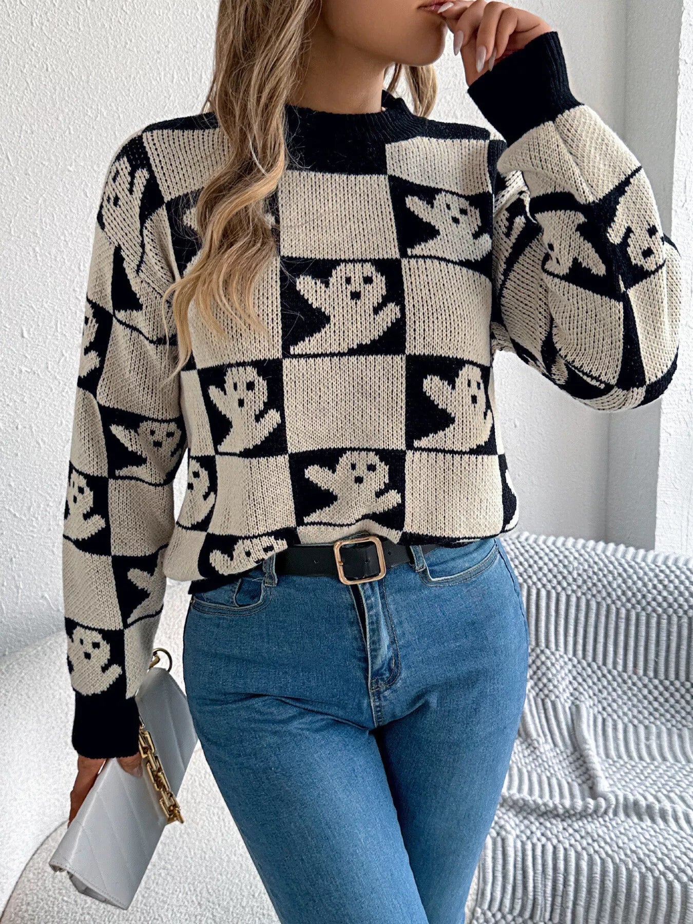 Halloween Ghost Pattern Checkered Round Neck Sweater - Tigbul's Variety Fashion Shop