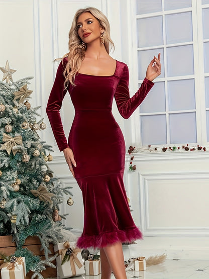 Plush Hem Square Neck Long Sleeve Dress - Tigbul's Variety Fashion Shop