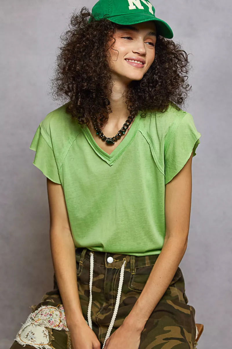 POL V-Neck Short Sleeve T-Shirt with Ruffle Sleeve - Tigbul's Variety Fashion Shop