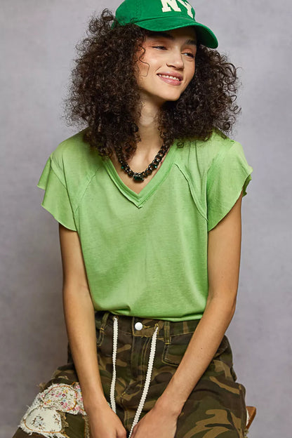 POL V-Neck Short Sleeve T-Shirt with Ruffle Sleeve - Tigbul's Variety Fashion Shop