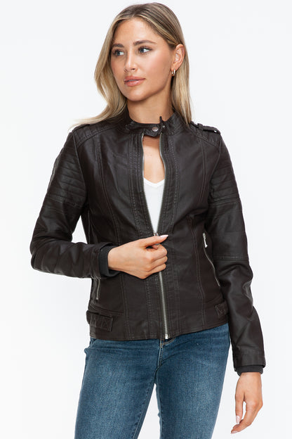 Brown PU Leather Biker Jacket with Side Zip Pockets