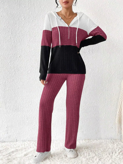 Color Block Half Zip Hooded Top and Pants Set - Tigbul's Variety Fashion Shop