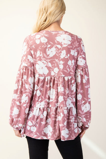 Celeste Full Size Tiered Floral V-Neck Long Sleeve Blouse - Tigbul's Variety Fashion Shop