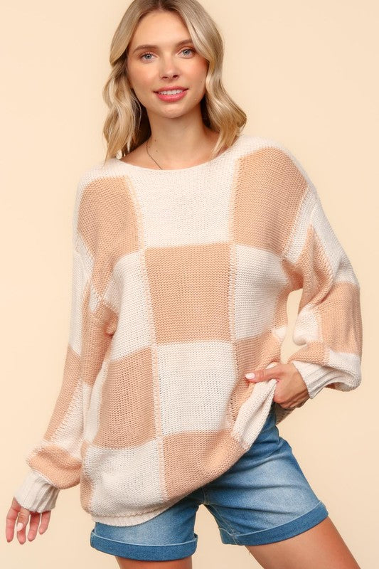 Haptics Full Size Checkered Round Neck Drop Shoulder Sweater - Tigbul's Variety Fashion Shop