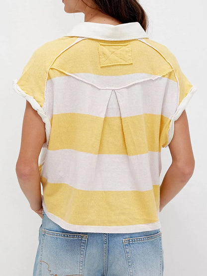 Striped Collared Neck Short Sleeve Top - Tigbul's Variety Fashion Shop