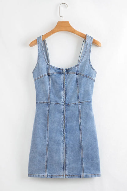 Light Blue Square Neck Wide Strap Denim Dress - Tigbul's Variety Fashion Shop