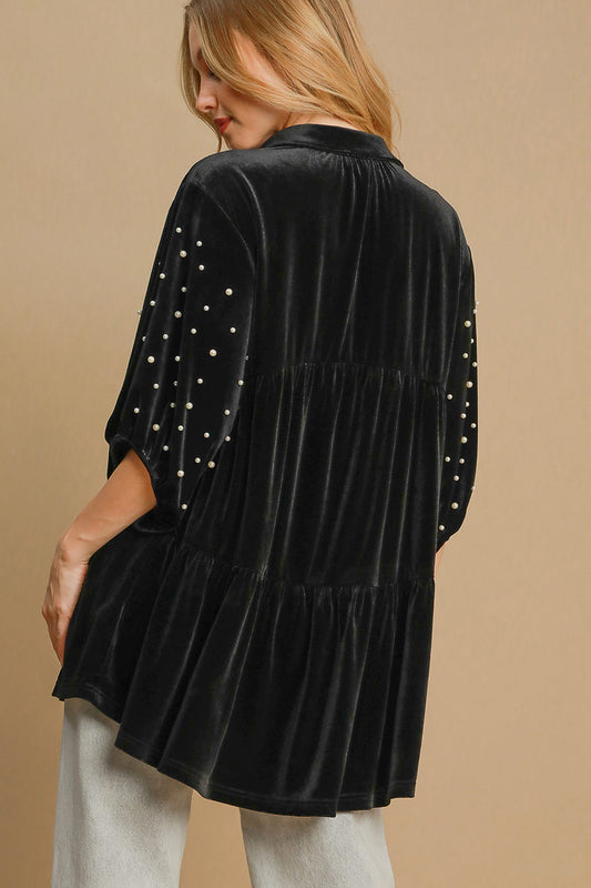 Pearl Detail Half Sleeve Velvet Babydoll Blouse - Tigbul's Variety Fashion Shop