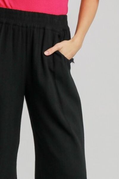 Black Linen Blend Elastic Waistband Wide Leg Pants - Tigbul's Variety Fashion Shop
