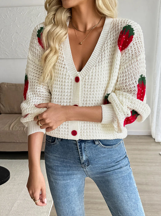 Strawberry Pattern V-Neck Button-Up Cardigan - Tigbul's Variety Fashion Shop