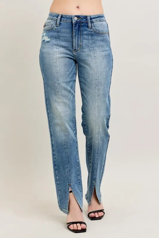 Judy Blue Full Size High Waist Vintage Wash Front Seam & Slit Straight Plus Size - Tigbul's Variety Fashion Shop