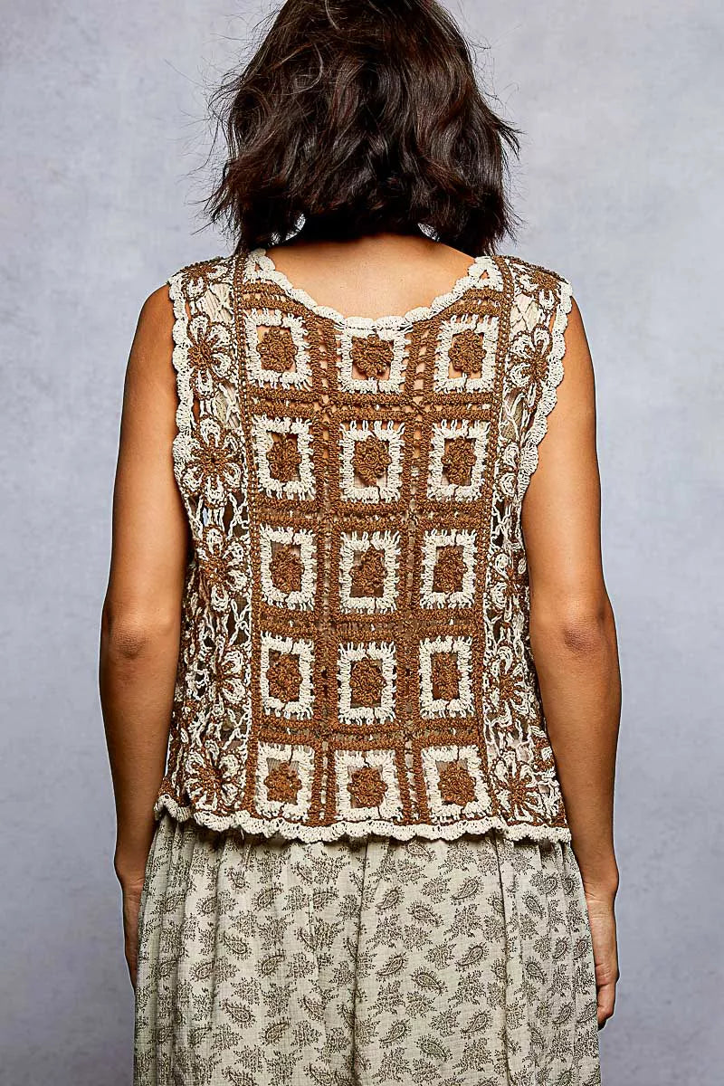 POL Tie Front Floral Pattern Crochet Vest with Scalloped Edge - Tigbul's Variety Fashion Shop