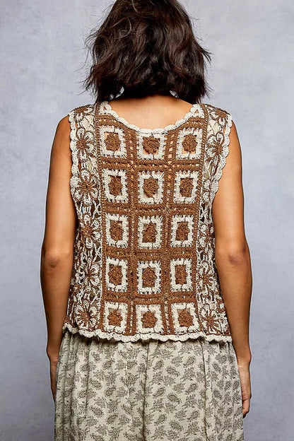 POL Tie Front Floral Pattern Crochet Vest with Scalloped Edge - Tigbul's Variety Fashion Shop