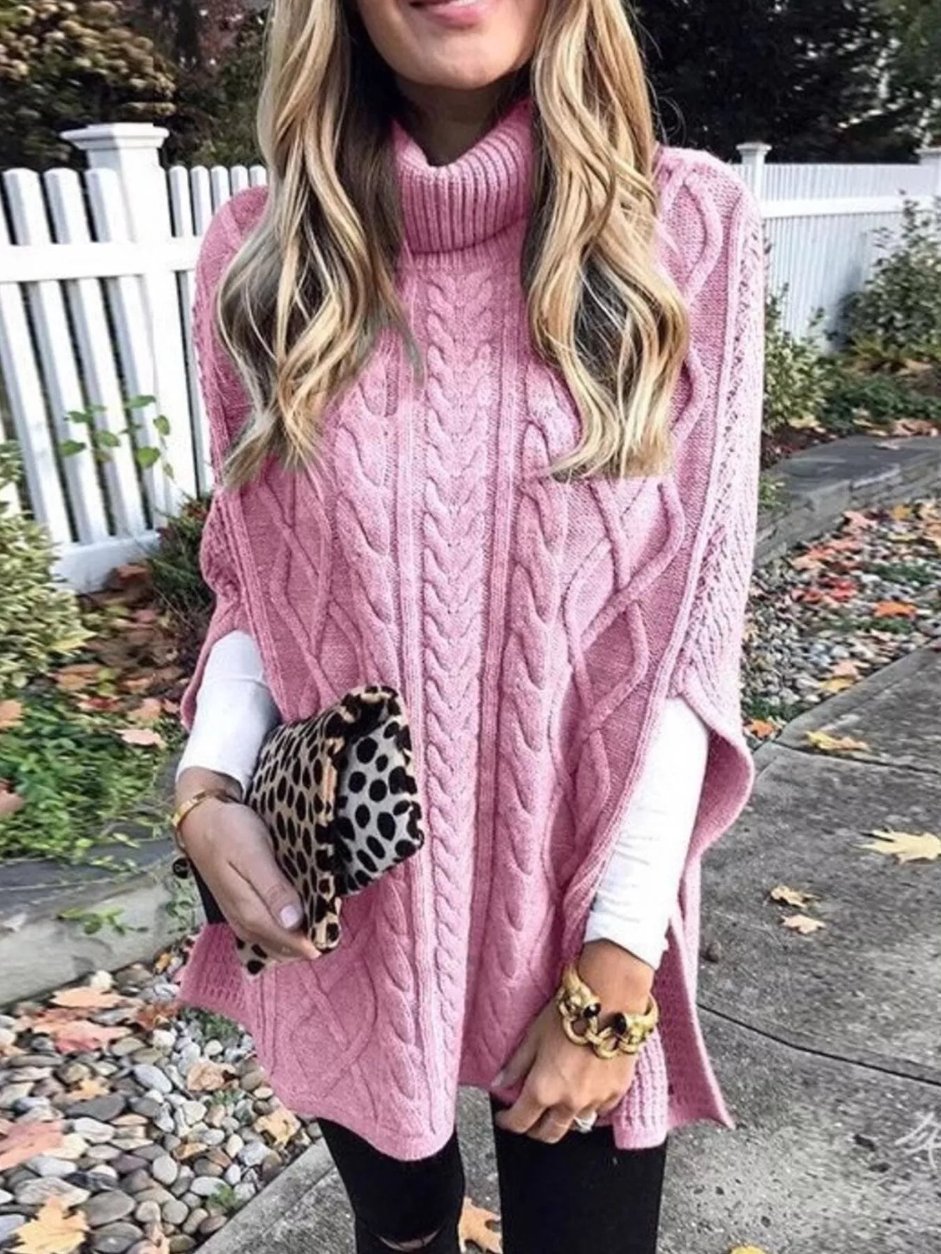 Chunky Cable Knit Turtleneck Poncho Cover Up - Tigbul's Variety Fashion Shop