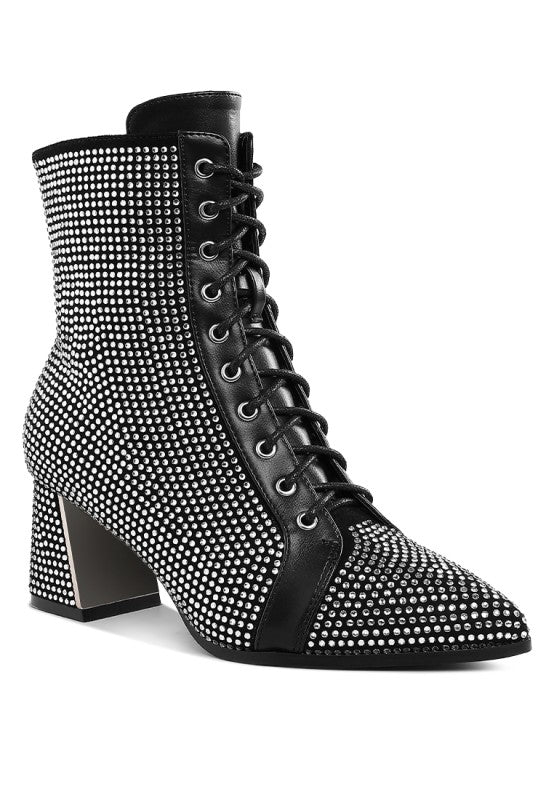 Black rhinestone ankle boots with lace-up front and block heel