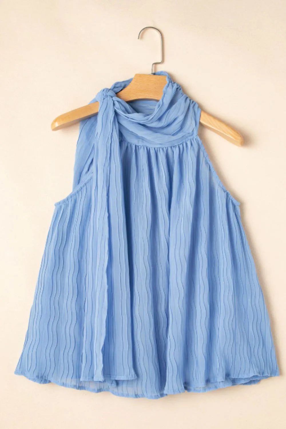 Textured Pleated Tied Mock Neck Flowy Blue Tank Top - Tigbul's Variety Fashion Shop