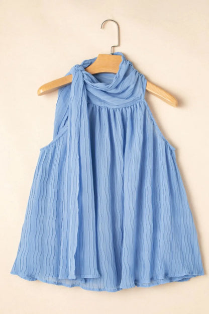 Textured Pleated Tied Mock Neck Flowy Blue Tank Top - Tigbul's Variety Fashion Shop