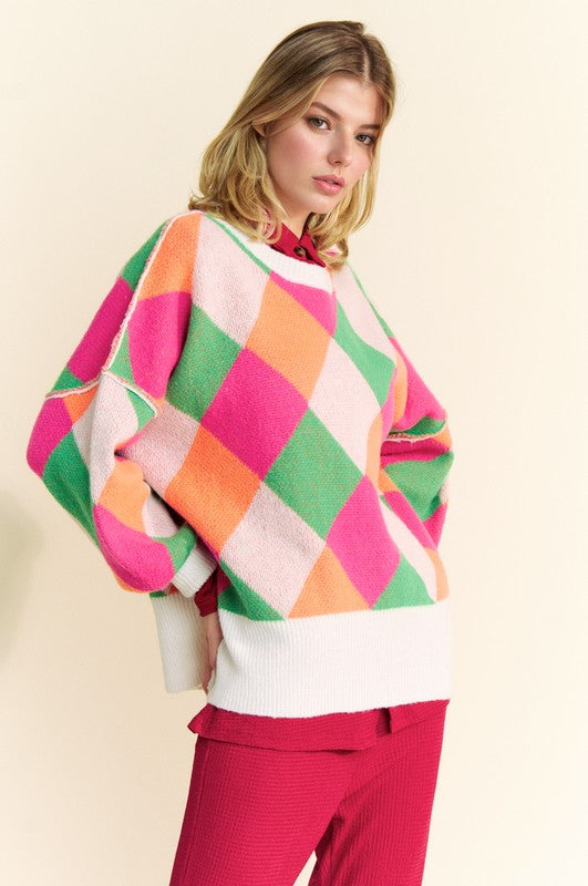 Davi & Dani Exposed Seam Color Block Dropped Shoulder Sweater - Tigbul's Variety Fashion Shop