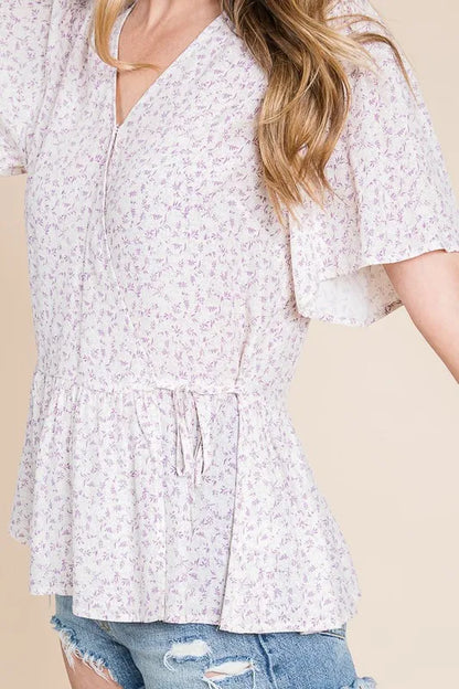 Ditsy Print V-Neck Short Sleeve Wrap Blouse - Tigbul's Variety Fashion Shop
