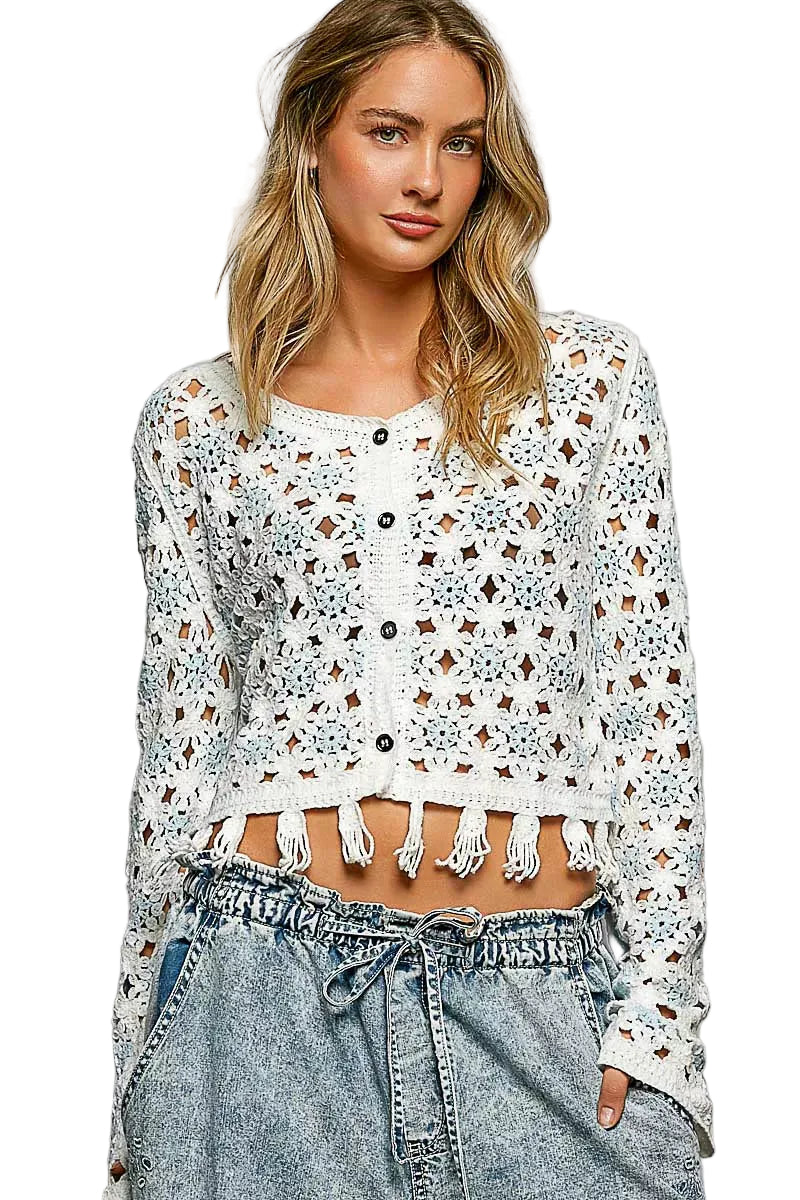 Off White, Blue Openwork Floral Crochet Cardigan with Tassel Hem | Tigbuls