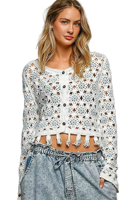 Off White, Blue Openwork Floral Crochet Cardigan with Tassel Hem | Tigbuls