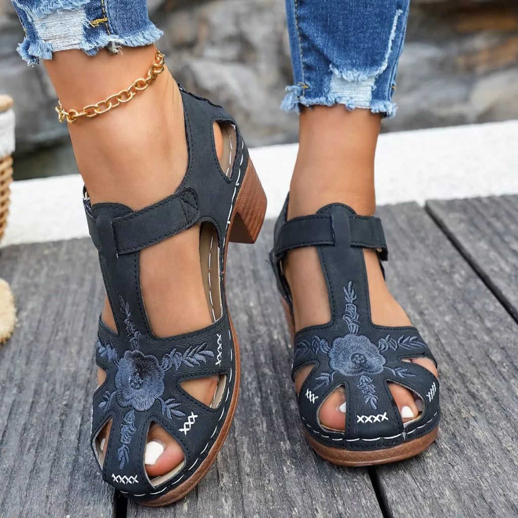 Blue cutout block heel sandals, ankle strap with floral embroidery and open toe