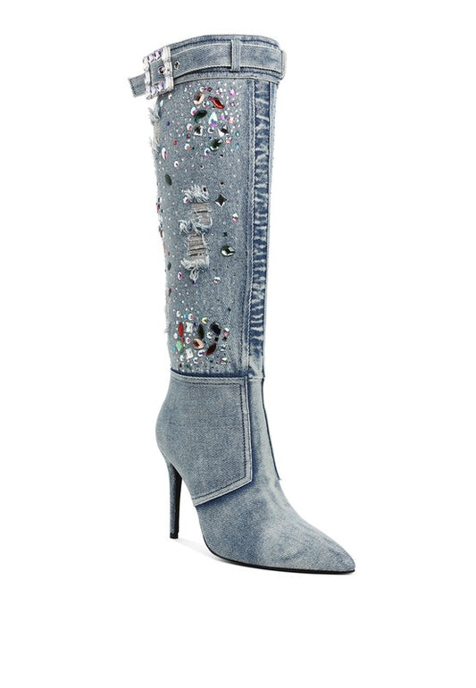 Cornik Multi Color Stones Denim Boots - Tigbul's Variety Fashion Shop