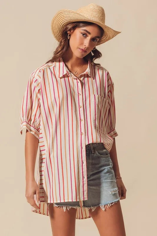 Pink Multicolored Stripe Button Down Shirt - Tigbul's Variety Fashion Shop
