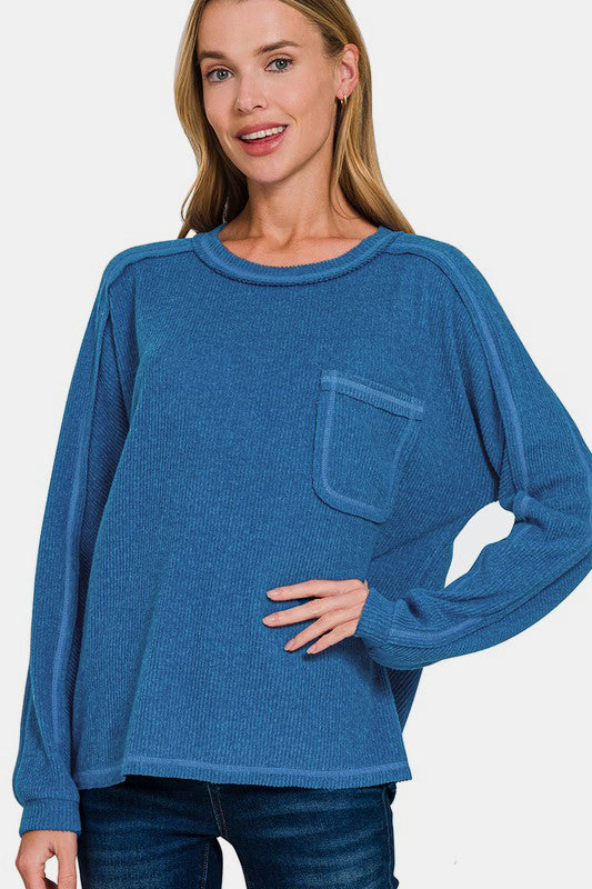 Royal Blue Contrast Stitching Brushed Ribbed Hacci Knit Top Plus Size - Tigbul's Variety Fashion Shop