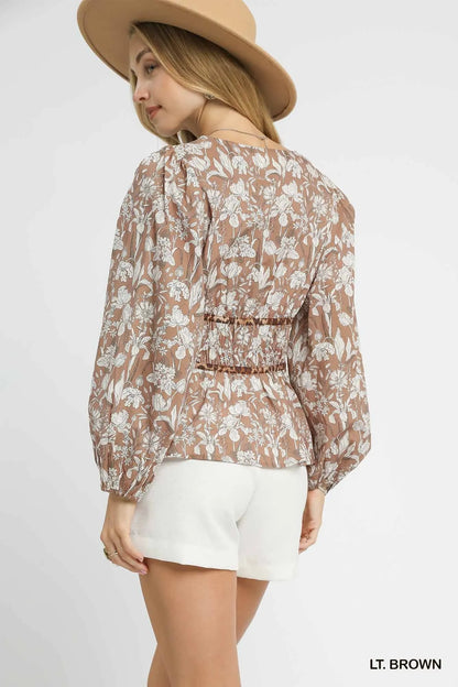 Umgee Floral Smocked Peplum Blouse with Tie Detail - Tigbul's Variety Fashion Shop