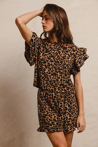 BiBi Leopard Print Waffle Texture Layered Ruffle Sleeve Top and Shorts Set - Tigbul's Variety Fashion Shop
