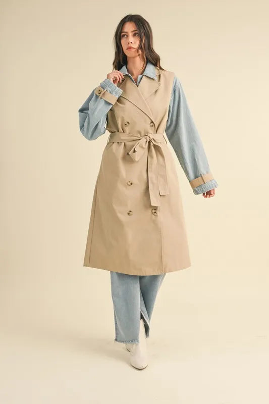 Taupe Layered Look Trench Coat With Denim Jacket - Tigbul's Variety Fashion Shop